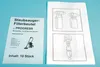 Two sheets of paper with diagrams and text about vacuum cleaner filter bags, laid out on a light blue surface. Produktbild-Vorschau