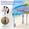 A beach scene with a striped canopy and diagrams illustrating its anchoring system. Anteprima dell’immagine prodotto
