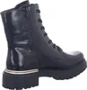 A black patent leather lace-up boot with a thick sole and a gold trim around the heel. Voir les images du produit