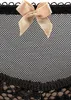 A close-up of black lace trim with a beige bow on a white background. Produktbild-Vorschau