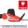 Close-up of the motor housing and handle of an electric hedge trimmer, with a marketing graphic indicating power. Produktbild-Vorschau