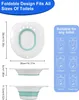 A marketing image showing a foldable toilet seat, its dimensions, and compatibility with different toilet types. Produktbild-Vorschau