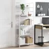 A white bookshelf with several shelves filled with books and decorative items, placed next to a white door and a desk with a laptop. Podgląd zdjęcia produktu