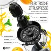 An advertising image for an electric citrus juicer, showing its parts and features. Produktbild-Vorschau