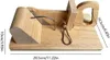 A wooden slicer with a metal blade, shown from a slightly elevated side angle. Dimensions are indicated with text overlays. Náhled obrázku produktu