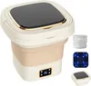 A collapsible washing machine with a digital display and accessories shown separately. Produktbild-Vorschau