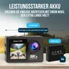 An action camera and its battery are displayed on a wooden surface with a scenic background. Text overlays provide product information. Produktbild-Vorschau