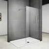 A modern walk-in shower enclosure with a glass panel and a white shower tray, set against a tiled wall. Produktbild-Vorschau