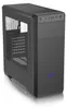 A black computer case is shown from a three-quarter angle on a white reflective surface. Produktbild-Vorschau