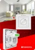 A living room with a thermostat, and a close-up of the thermostat. Produktbild-Vorschau