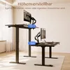 Two adjustable standing desks are shown in a room, one higher than the other, with monitors attached. Produktbild-Vorschau