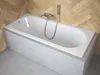 A white bathtub with a silver faucet and shower head, set against a wood-paneled wall and gray tiled floor. Produktbild-Vorschau