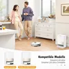 A couple is standing in a modern kitchen, with a robot vacuum cleaner on the floor. The bottom part of the image shows product compatibility information. Voir les images du produit