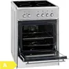 A freestanding electric oven with the door open, showing the interior with racks. The top surface displays four heating elements. Produktbild-Vorschau