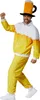 A man wearing a beer-themed costume, including a hat shaped like a beer mug and a tracksuit designed to look like beer with foam. Produktbild-Vorschau
