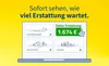 A laptop screen displaying a tax refund calculator with a piggy bank illustration. Produktbild-Vorschau
