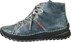 A side view of a blue leather boot with laces. Voir les images du produit