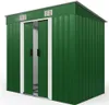 A green metal shed with sliding doors and vents on a white background. Produktbild-Vorschau