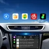 A car's dashboard with a digital display showing app icons and a podcast interface, set against a sky background. Produktbild-Vorschau