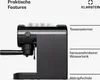 A side view of a black espresso machine with text overlays describing its features. Produktbild-Vorschau
