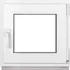 A white window frame with a clear glass pane, showing a handle on the left and hinges on the right. Produktbild-Vorschau