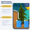 Illustration showing two blue rain barrels connected by a hose, with a downspout from a building directing water into the first barrel. The scene is set outdoors with trees and rain. Produktbild-Vorschau