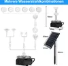 Diagram showing different water jet combinations for a solar-powered fountain pump, along with dimensions for the pump and solar panel. Produktbild-Vorschau