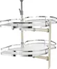 A two-tiered, pull-out corner cabinet organizer with a chrome finish and white shelves. Voir les images du produit