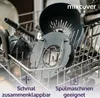 A dishwasher rack with various kitchen accessories, including a gray circular item with metal clips, and a black funnel-like item. Produktbild-Vorschau