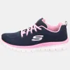 A side view of a navy and pink Skechers sneaker against a white background. Voir les images du produit