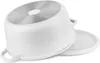 The bottom of a white pot is shown, resting on a white surface. The pot has a textured metal base with a circular indentation in the center. A white lid is partially visible to the right of the pot. Anteprima dell’immagine prodotto