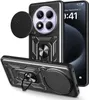 A black protective phone case with a camera cover, ring holder, and kickstand is displayed from multiple angles. Produktbild-Vorschau