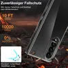 A clear phone case is shown against a dramatic background of a volcano and lava, highlighting its protective features. Produktbild-Vorschau