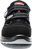 A front view of a black safety shoe with white stitching and velcro straps. Produktbild-Vorschau