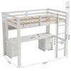A white loft bed with an integrated desk and drawers, shown with dimensions marked. Anteprima dell’immagine prodotto