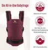 A product image of a baby carrier with accompanying feature callouts. Produktbild-Vorschau