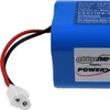 A close-up of a blue battery pack with red and black wires and a white connector. Voir les images du produit
