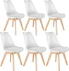 A set of six white dining chairs with light wood legs arranged in two rows. Náhled obrázku produktu