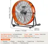 An orange industrial drum fan with dimensions and specifications displayed. Podgląd zdjęcia produktu