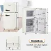 A collage of images showing a white retro refrigerator with dimensions and internal measurements, along with a separate view of its base. Produktbild-Vorschau