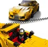 A collage showing a yellow LEGO Speed Champions Toyota GR Supra from different angles, including a close-up of the driver's cockpit. Náhled obrázku produktu