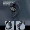 A close-up marketing image of wireless earbuds designed to fit over the ear, with text highlighting their features. Produktbild-Vorschau