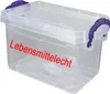 A clear plastic storage box with purple clasps and handles, with red text on the side. Produktbild-Vorschau