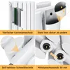 A collage of four images showcasing different features of a white radiator. Podgląd zdjęcia produktu