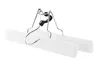 A white wooden hanger with silver metal clips and hook for holding pants or skirts, isolated on a white background. Produktbild-Vorschau