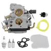 A collection of chainsaw carburetor parts laid out on a white background. Náhľad obrázku produktu