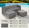 A rattan lounge set with cushions and a coffee table is shown next to a swimming pool with greenery in the background. Text and icons describe the product's features. Náhled obrázku produktu