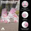 A child's legs wearing pink and white roller skates, with close-up diagrams of the roller skate components. Produktbild-Vorschau