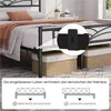 A metal bed frame with a mattress and bedding, shown with storage baskets underneath. An inset highlights a feature of the bed frame. Produktbild-Vorschau