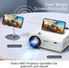 A projector is shown connected to a smartphone via two different methods: WiFi and wired connection. Produktbild-Vorschau